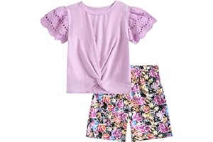 MKSODOPY mksodop Girls Clothes 2-Piece Teen Girls clothes Lace Hollow Short-Sleeved Twist T-Shirt And Floral Short Girl Summer Outfits