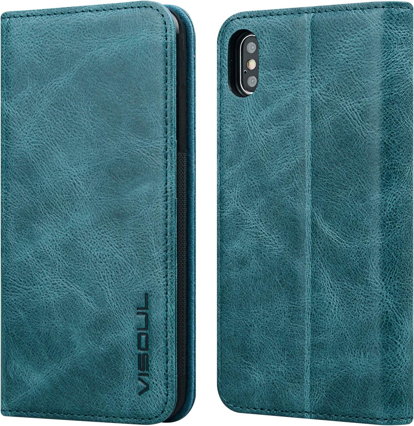 VISOUL iPhone Xs Max Cover, [Folio Style] Wallet Case for iPhone Xs MAX [Stand Feature] Real Leather Flip Cases with Credit Card Slots+Side Cash Pocket+Magnetic Clasp Closure (6.5-inch) (Dark Blue)