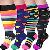 Tinojye 4 Pairs Plus Size Compression Socks,Extra Wide Calf 20-30 mmHg Knee High Compression Socks for Men Women Circulation
