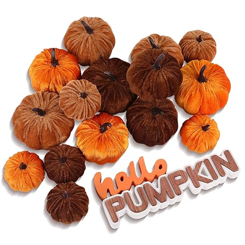 PurpleSwan 17 Pack Fall Artificial Velvet Pumpkins Decorations, Foam Faux Flocked Pumpkin Including Wooden Hello Pumpkins Sign, for Home Autumn Harvest Theme Party Halloween Thanksgiving Table Decor.
