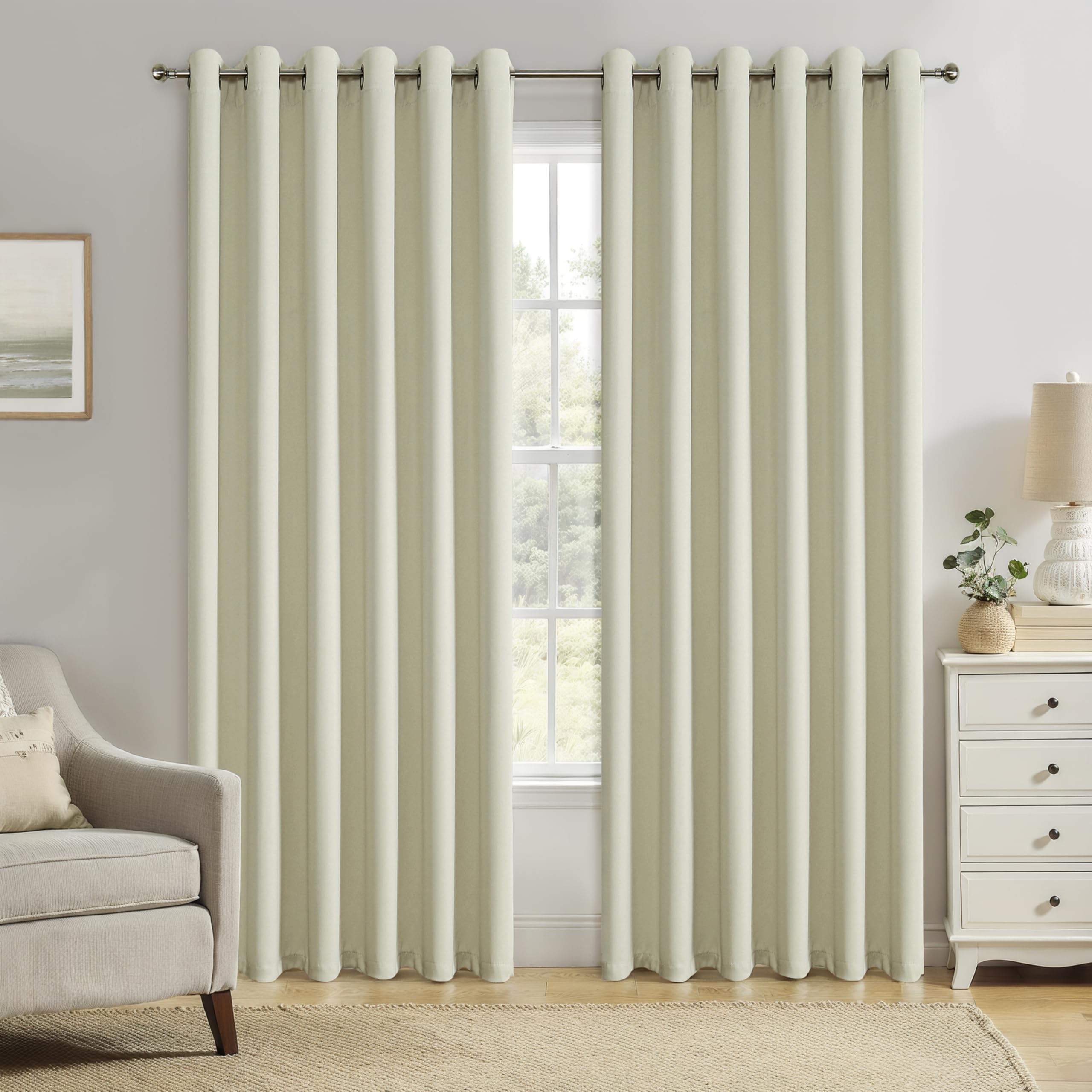 Bujasso Natural 90% Blackout Curtains 90 inches Thermal Insulated Room Darkening Draps for Living Room Bedroom Luxury Energy Saving Window Treatment Sets Grommet Top 2 Panels 90" Wx90 L