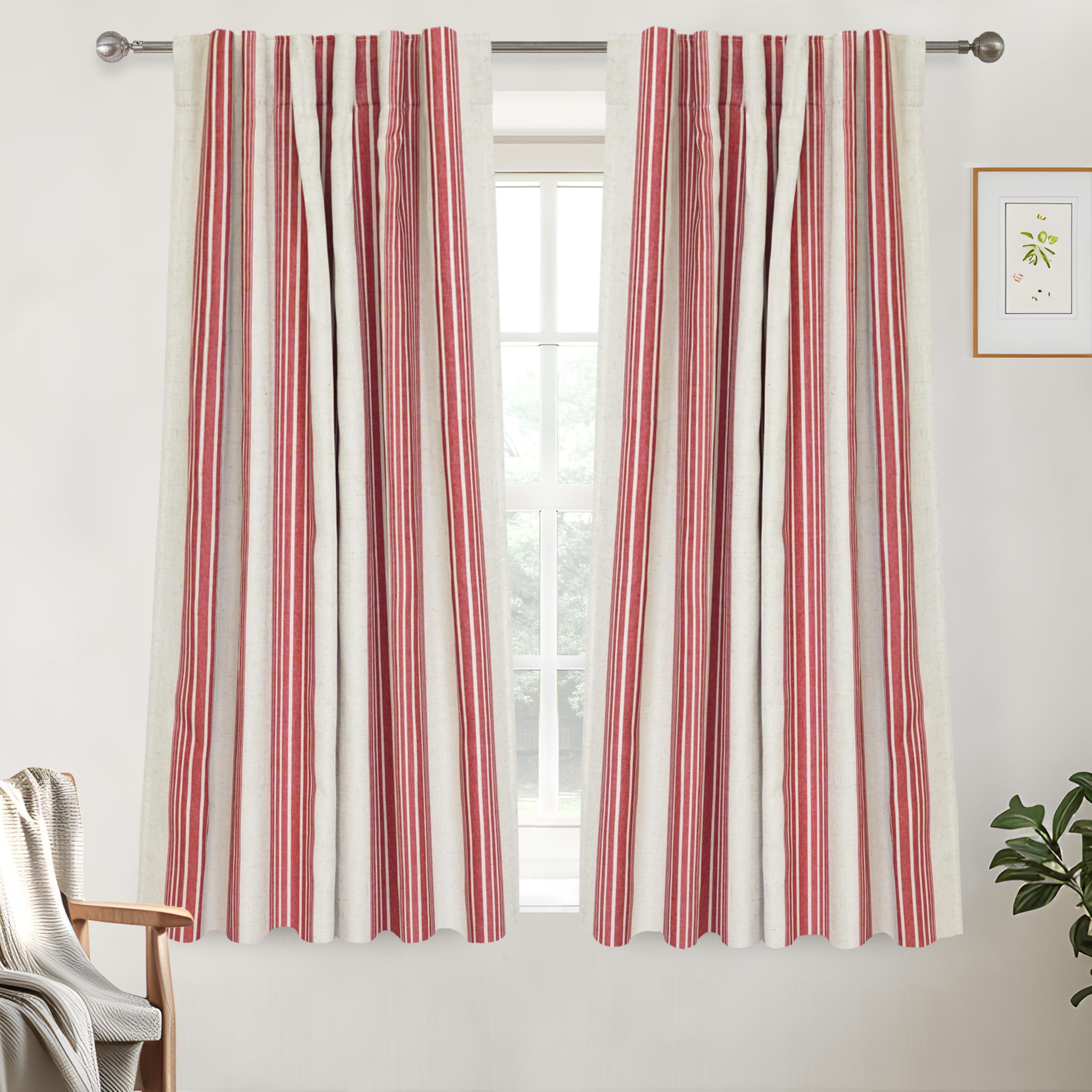 DriftAway Chris Linen Blackout Curtains with Thermal and Sound Reducing Layer 54 Inches Long for Bedroom Striped Printed Drapes Thermal Insulated Lined Window Treatments for Living Room Linen Red
