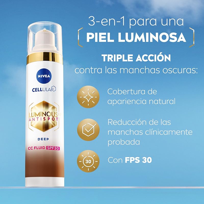 Cellular Luminous630 - Fluido CC Antimanchas SPF30 3-en-1 - CC Cream Triple Acción - Cubre y Reduce las Manchas - Protector Solar Facial con Color - Todo Tipo de Piel - Tono Oscuro - 40 ml