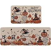 Moutina Happy Halloween Ghost Mushroom Pumpkin Skeleton Decorative Kitchen Rugs Set of 2, Halloween Holiday Party Home Decor Low-Profile Kitchen Mats for Floor - 17x29 and 17x47 Inch