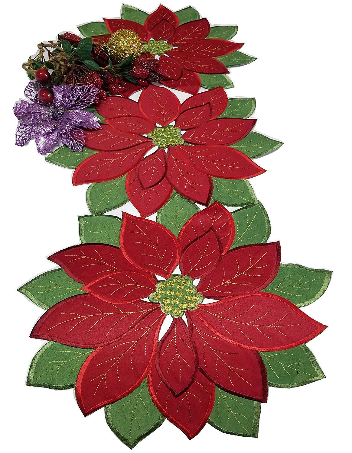 Holiday Christmas Table Runner,Poinsettia Red with Green Embroidered Flower Table Runner for Home Dinner Xmas Table Top Decorations,14"×36"(36×90cm)