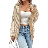 Pink Queen Women's Fuzzy Sweater Cardigans V Neck Long Sleeve Button Down Open Front Stripe Color Block Cardigan Outerwear