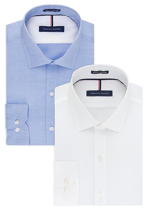 Tommy Hilfiger Men's Dress Shirt Slim Fit Non Iron Solid, White/Blue, 16.5" Neck 32"-33" Sleeve