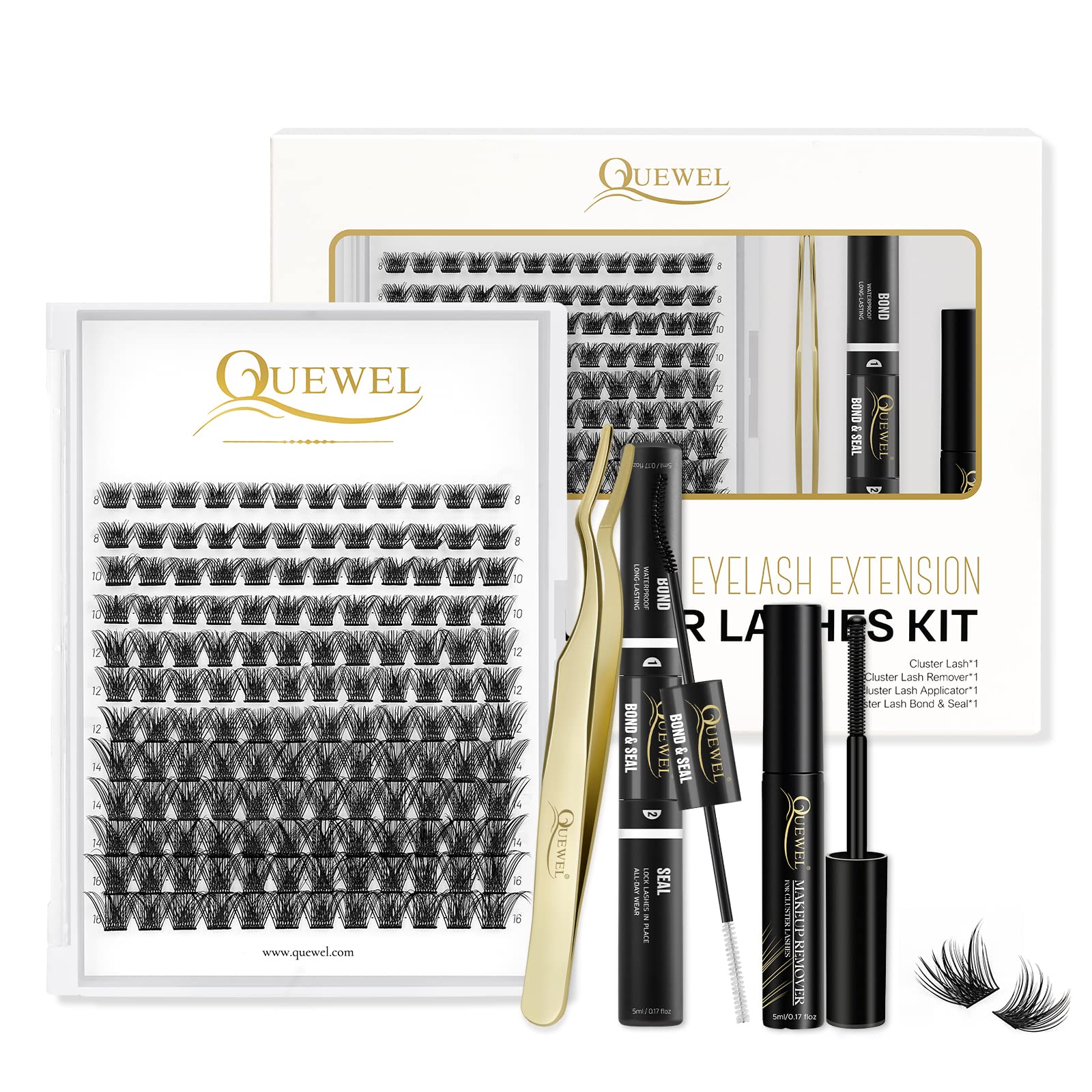 QUEWEL DIY Cluster-Eyelash Extensions Kit, Mix 8-16mm 144 Clusters，Super Cotton Thin Band, Eyelash-Lash Applicator, Cluster-Lashes Bond and Seal Super Hold(QU-H-DH-01) — image 1