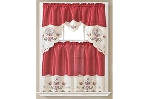 GLORY RUGS 3pc Kitchen Curtain Flower Burgundy Valance Set 1 Swag Valance and 2 Tiers 2 Tiers Width 29"x 34" Each and The Valance Length 58"x34"