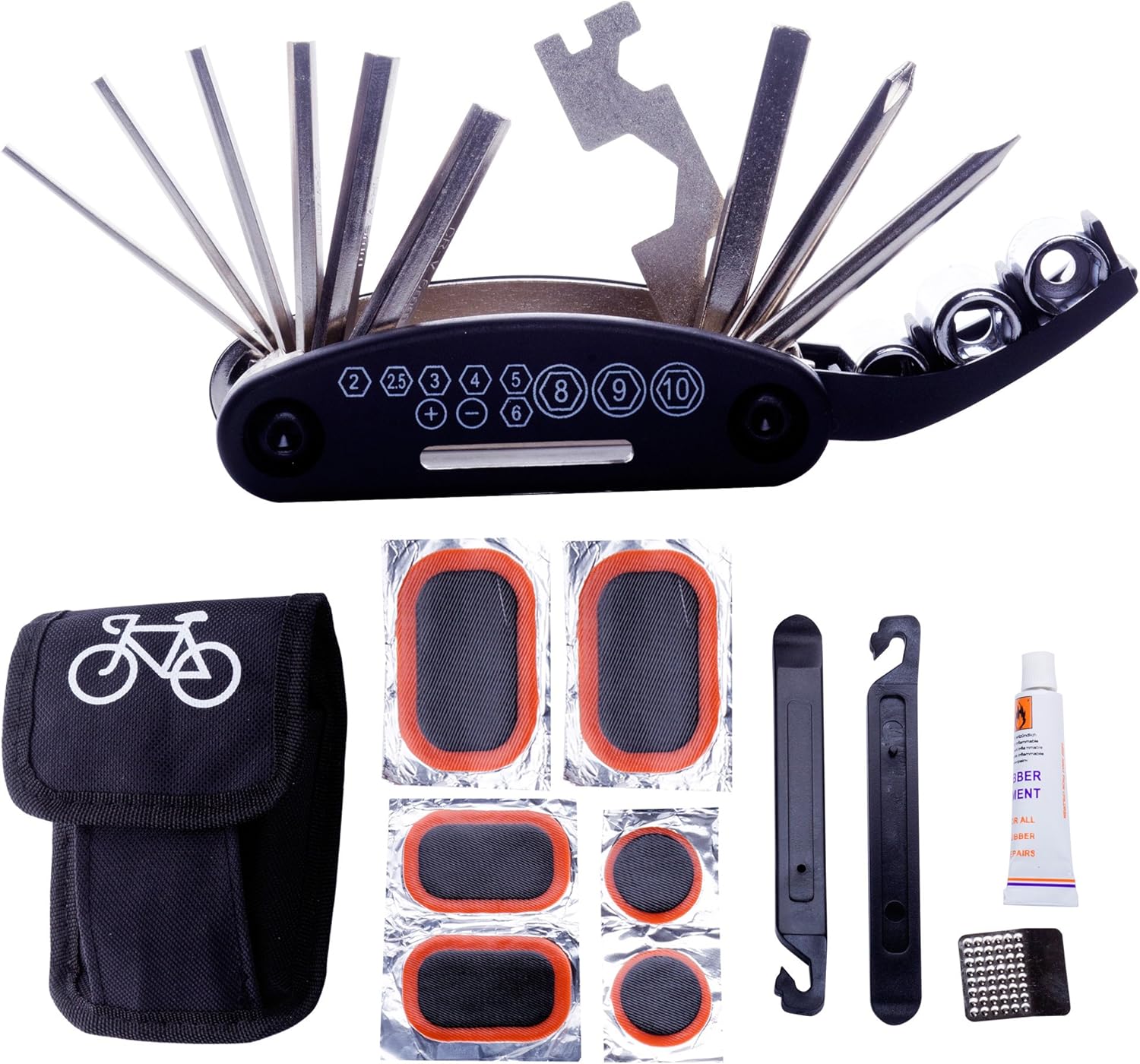DAWAY B32 Bike Repair Tool Kits - 16 in 1 Multi Function Bicycle Mechanic Fix Tools Set Bag Included Glueless Tire Tube Patches & Tire Levers : Sports & Outdoors