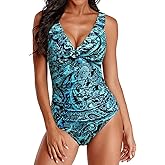 Holipick Women One Piece Swimsuits Tummy Control Bathing Suit Ruffle V Neck Swimwear Slimming Monokini