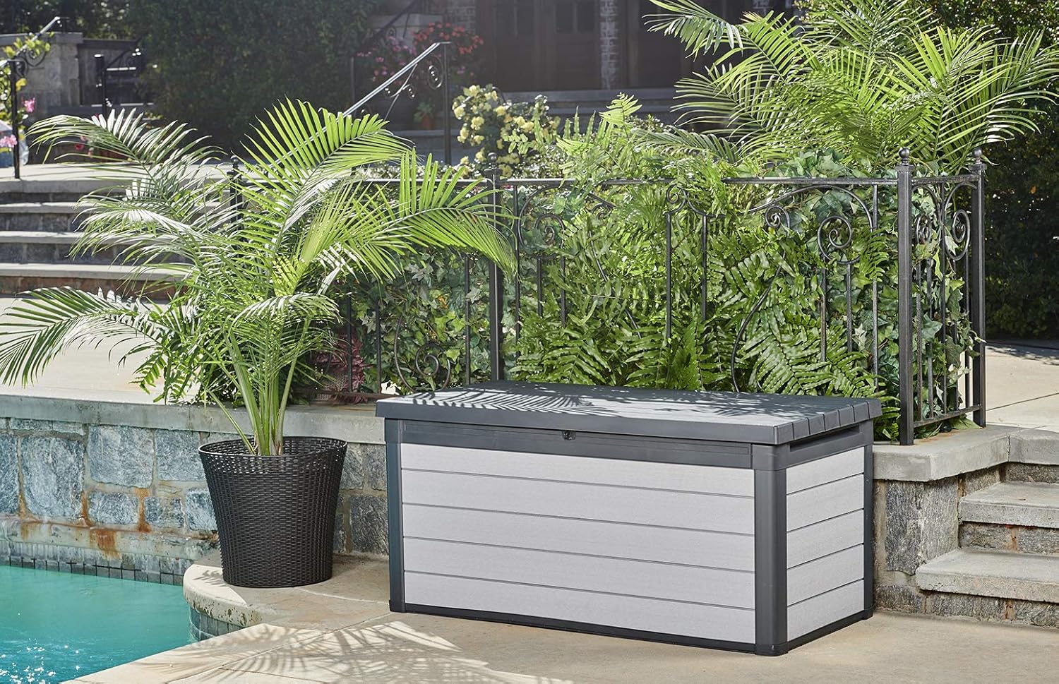 Keter Denali 150 Gallon Resin Large Deck Box-Organization and Storage for Patio Furniture, Outdoor Cushions, Garden Tools and Pool Toys, Grey & Black : Garden & Outdoor