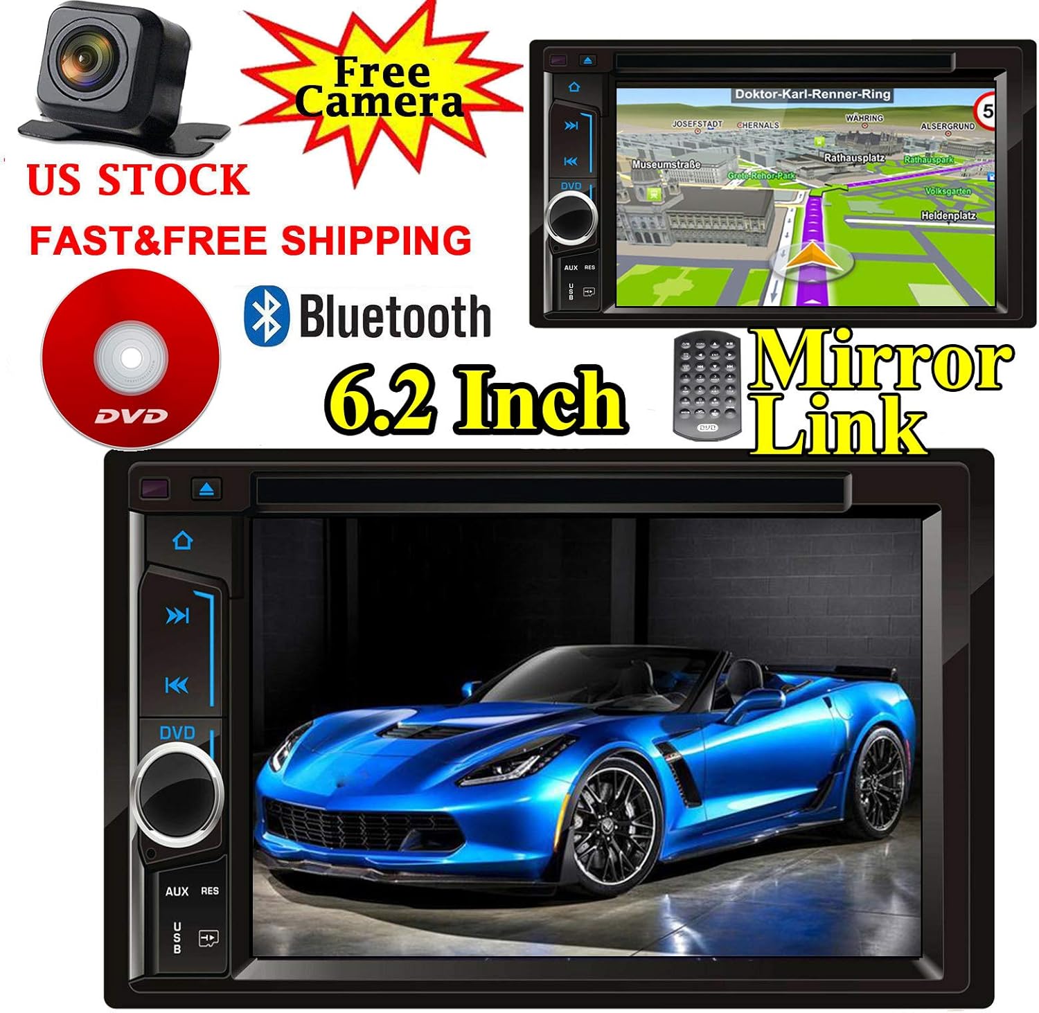 For Dodge Ram 1500 2500 3500(2000-2009) Car Stereo Radio Double Din Indash 6.2'' DVD/CD/MP3 Player Touch Screen Mirror Link For GPS Navigation Bluetooth Hands-free Call FM/AM Radio+Camera