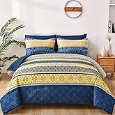 WONGS BEDDING Boho Comforters Set Queen, 7 Pieces Navy Blue and Yellow Comforter Sets Bohemian Bed in a Bag Striped Comforter Set Soft Microfiber Paisley Floral Comforter and Sheet Set for All Season