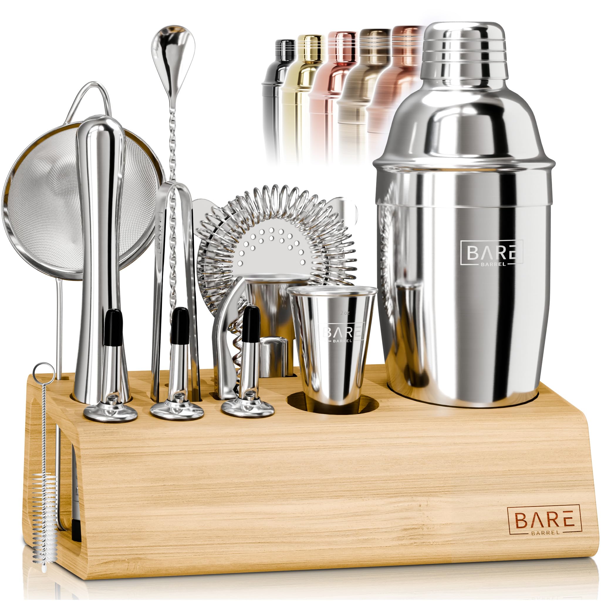 BARE BARREL® Cocktail Making Kit | 14-Piece Bartender Kit Cocktail Shaker Set Maker | Bamboo Display Stand & 35 Recipe Cards | Mixology Cocktail Gift Set (675ml/24oz Cobbler Shaker, Silver/Natural)