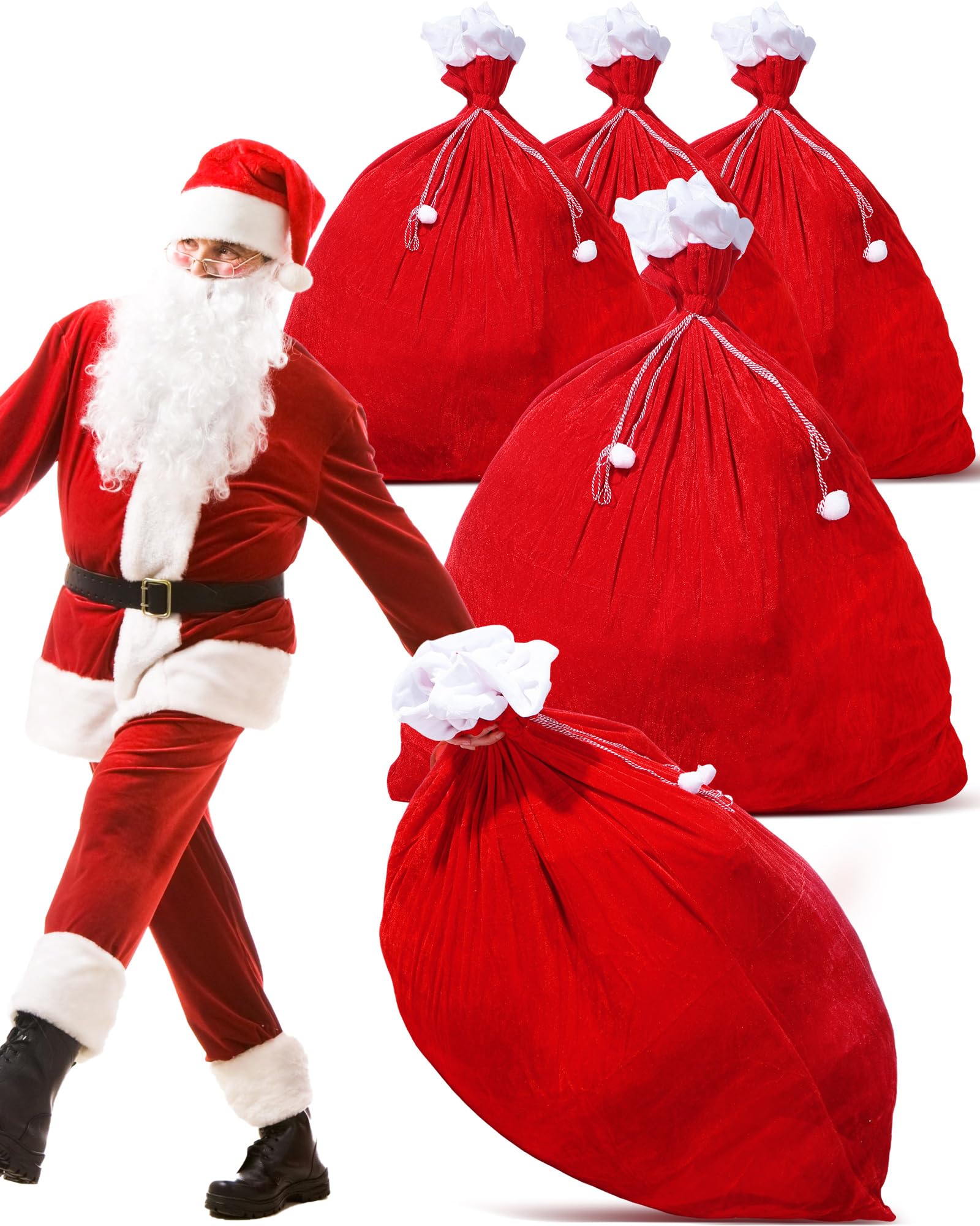 Photo 1 of Wesnoy 4 Pcs Christmas Santa Claus Bags Large Sacks Red Velvet Claus Bags Merry Christmas Sack Gift with Drawstring for Costume Holiday Party Xmas Present Toy(35.4 x 43.3 In)