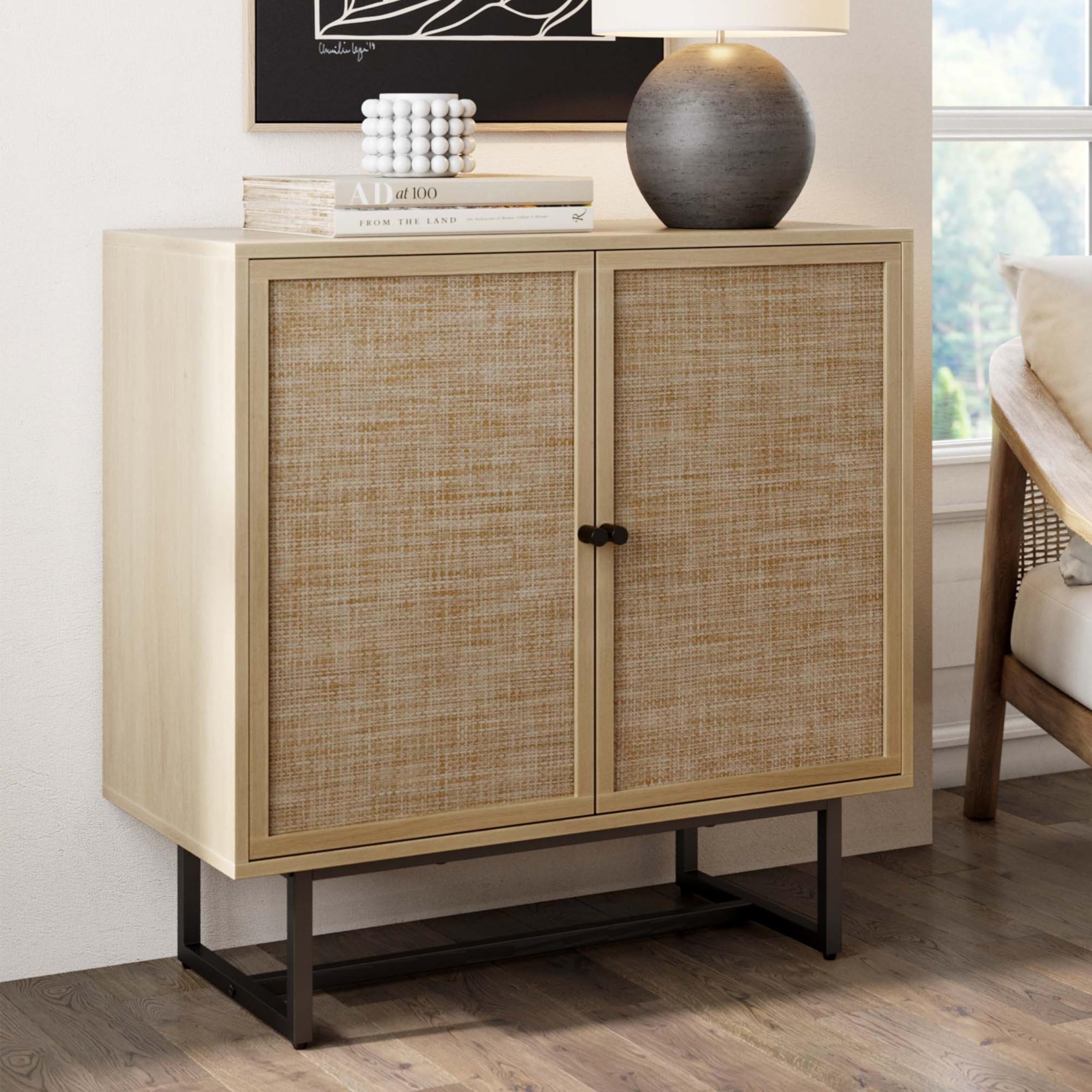 Photo 1 of Nathan James Kova Accent Sideboard Storage Cabinet in Light Wood and Rattan with Metal Frame, Adjustable Shelves and Cane Doors, for Hallway, or Living Room, Light Oak/Cane/Black