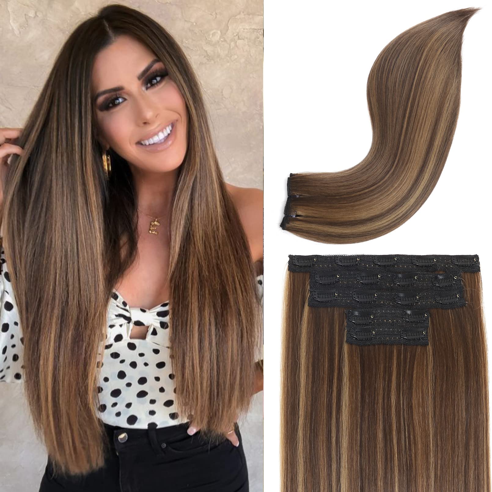 Photo 1 of REECHO Clip in Hair Extensions, Hair Extensions Thick Long Lace Weft Lightweight Synthetic Hairpieces for Women (24 Inch-240 Gram(Pack of 5), Medium Brown with Blonde Highlights)