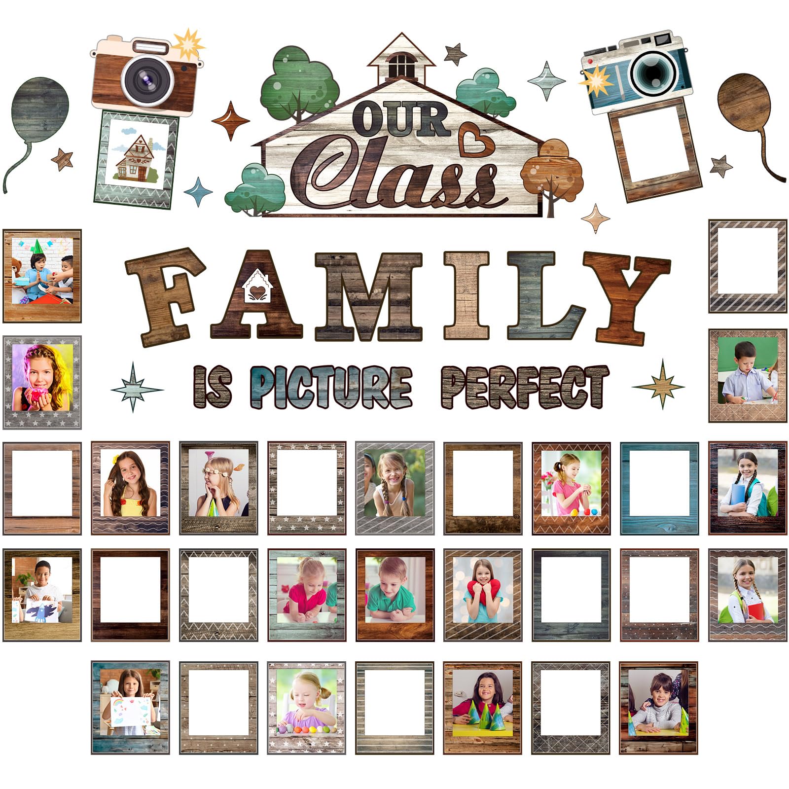 Photo 1 of Pasimy Picture Frame Bulletin Board Set for Classroom Decoration Our Class Family is Picture Perfect Photo Frame Cutout for Teachers Back to School Classroom Wall Chalkboard Door Decor (Wood Grain)