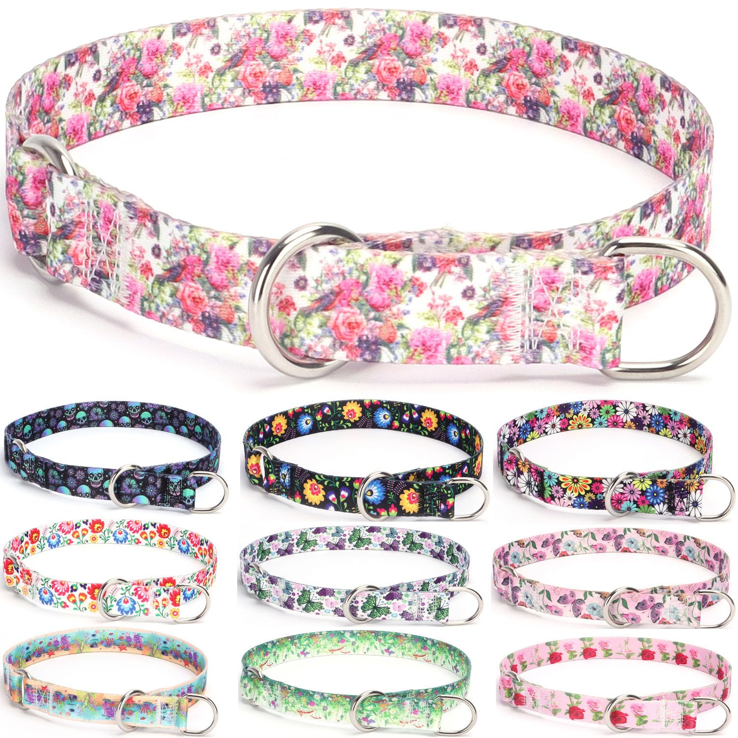 haoyueer Training Dog Collar, No Pull Martingale Collar, Slip Collar with Slidable Stop Ring for Small, Medium, Large Dogs (M, Peony)