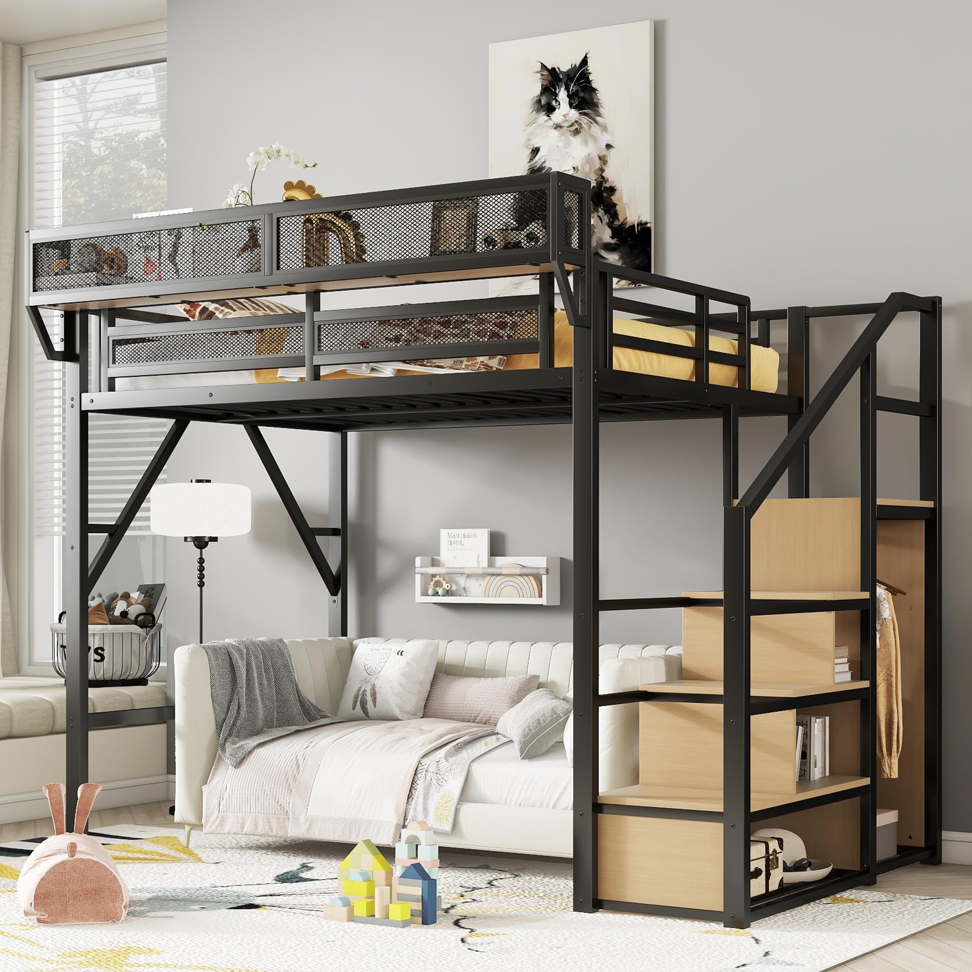 Photo 1 of KEIKI Full Size Metal Loft Bed Frame with Convertible Staircase, Built-in Storage Shelves & Wardrobe, Loft Bed with Solid Slats & Guardrail, No Box Spring Required, Easy Assembly, for Bedroom, Black