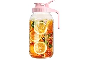 RIGHTLED 2 Quart Wide Mouth Glass Pitcher with Lid, 64oz Mason Jar Pitcher, Leak-proof Iced Tea Pitcher,Heavy Duty Container for Fridge Sweet Tea,Juice,Cold Brew Coffee,Breastmilk Storage Drinks-1PACK/Pink