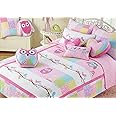 Cozy Line Home Fashions Queen - 7 Piece Cute Owl Pink Blue Green Embroidery 100% Cotton Reversible Girl Bedding Quilt Set, Coverlet, Bedspreads (1 Quilt + 2 Shams + 4 Decorative Pillows)