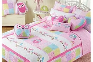 Cozy Line Home Fashions Twin - 6 Piece Cute Owl Pink Blue Green Embroidery 100% Cotton Reversible Girl Bedding Quilt Set, Coverlet, Bedspreads (1 Quilt + 1 Sham + 4 Decorative Pillows)