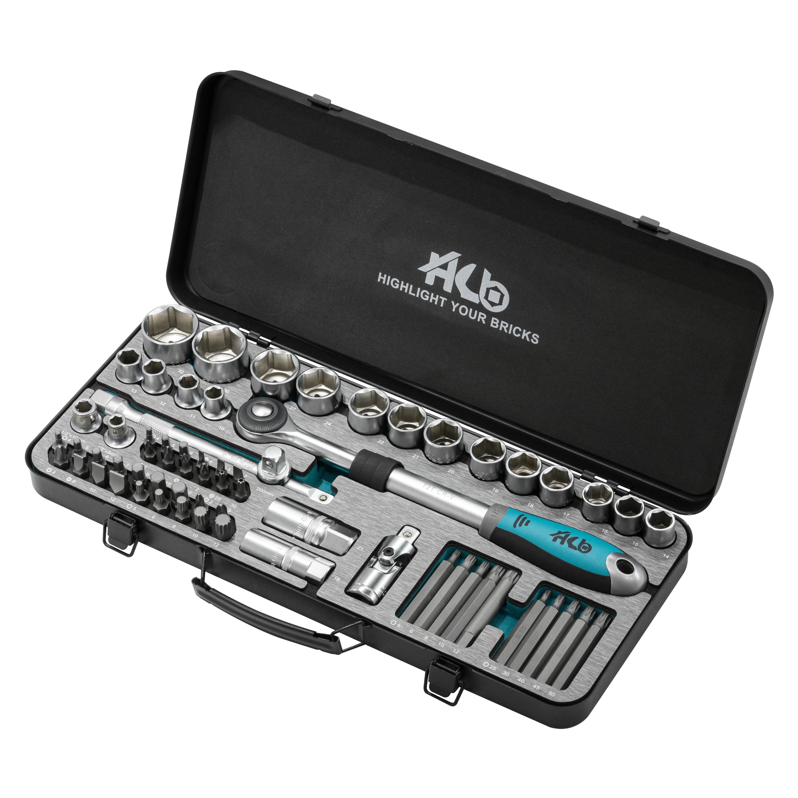 HB 72-Tooth 1/2 Inch Drive Extendable Ratchet Handle 65 Piece Socket Set with Metal Storage Case EVA Insert Chrome Vanadium Steel Professional Mechanic Tool Kit Made in Taiwan AKM013-G — image 1