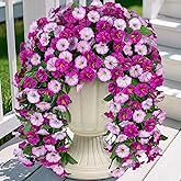 INXUGAO Artificial Fake Hanging Flowers Plants for Outdoor Decoration, 2PCS Faux Silk Morning Glory Long Vines Stems UV Resistant Look Real for Outside Home Porch Patio(Violet)