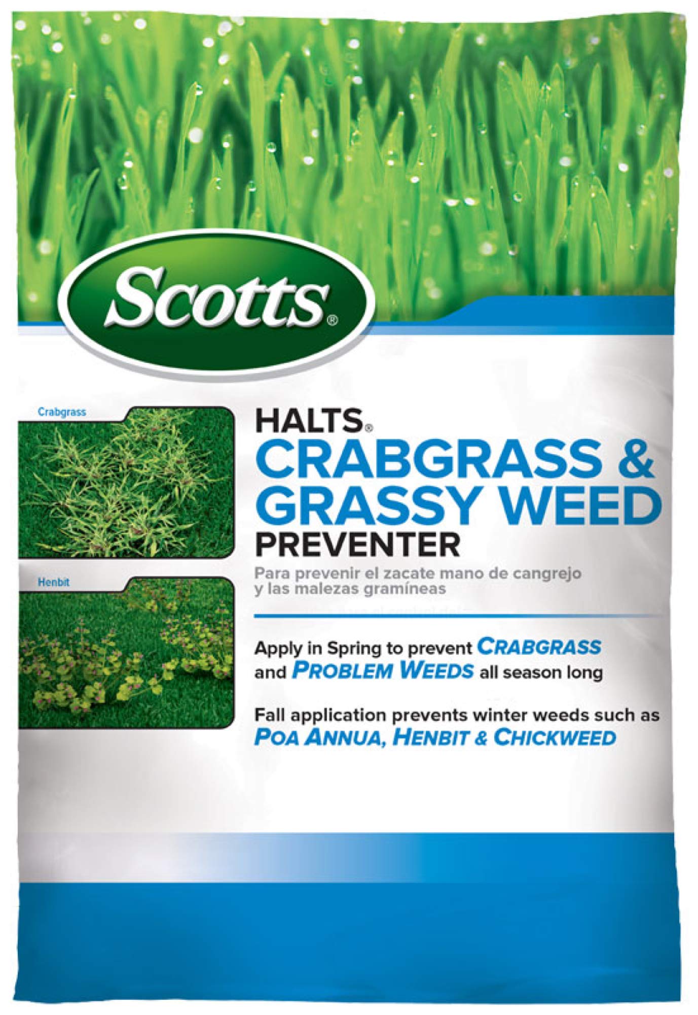 Photo 1 of Scotts Halts Crabgrass and Grassy Weed Preventer, Crabgrass Preventer, Pre Emergent Weed Control for Lawns, Prevents Chickweed & More, Treats up to 5,000 sq. ft., 10.06 lb.
