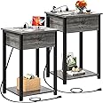 Ecoprsio Nightstand Set of 2 with Charging Station, Modern End Table Side Table with USB Ports, Wood Night Stand, Grey Bedside Table with Drawer and Shelf for Bedroom, Living Room, Sofa Couch, Grey