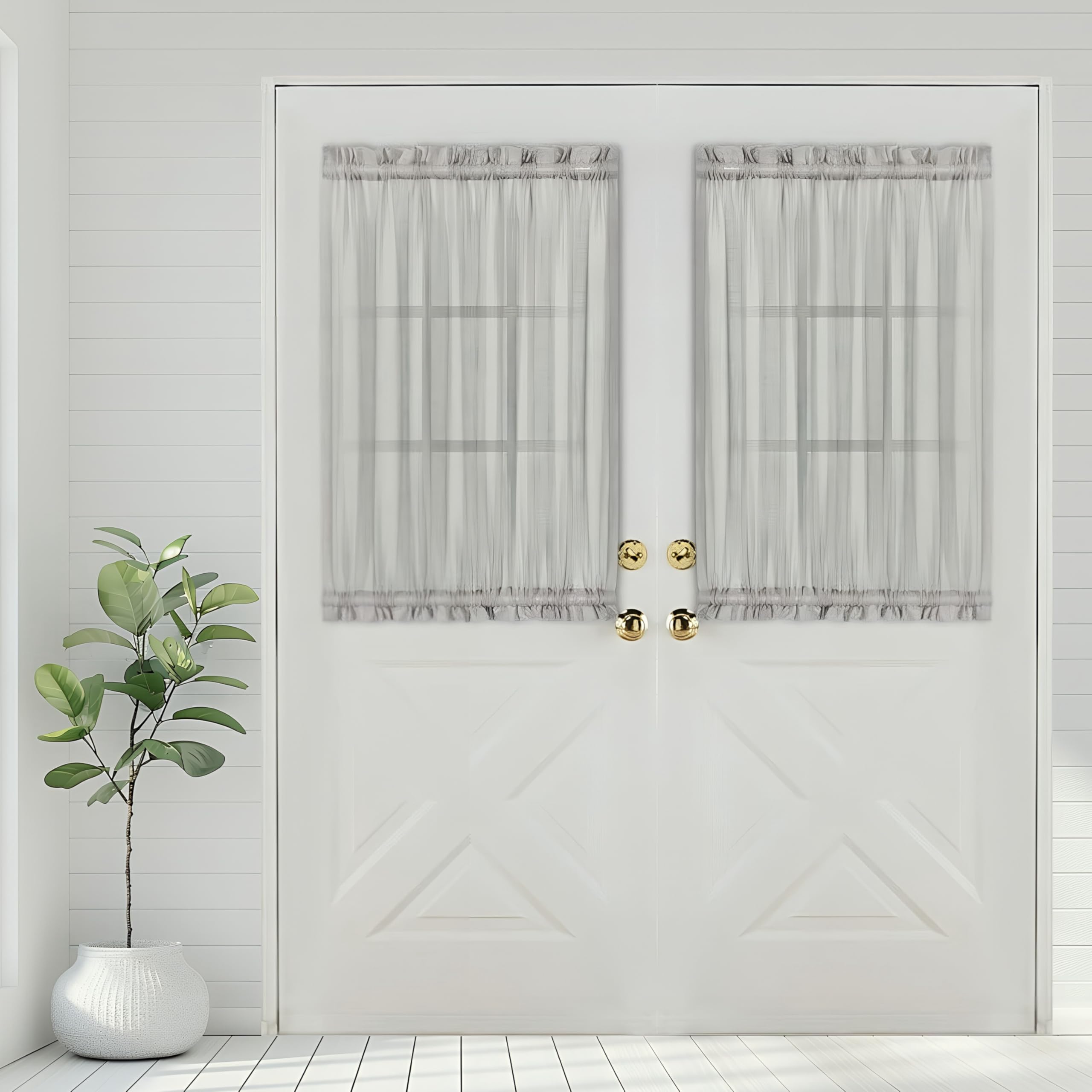 Aquazolax Short Door Window Covering Set of 2 - Elegant Solid French/Kitchen Glass Door Panels W54 x L40 Rod Pocket Sheer Curtains with Bonus Tieback, Grey