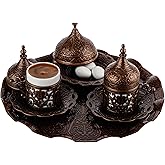 DEMMEX 2024 Turkish Greek Arabic Coffee Serving Set with Cups, Saucers, Cup Holders, Lids, Sugar Bowl & Lid and Tray, 11 Pcs (Antique), Medium