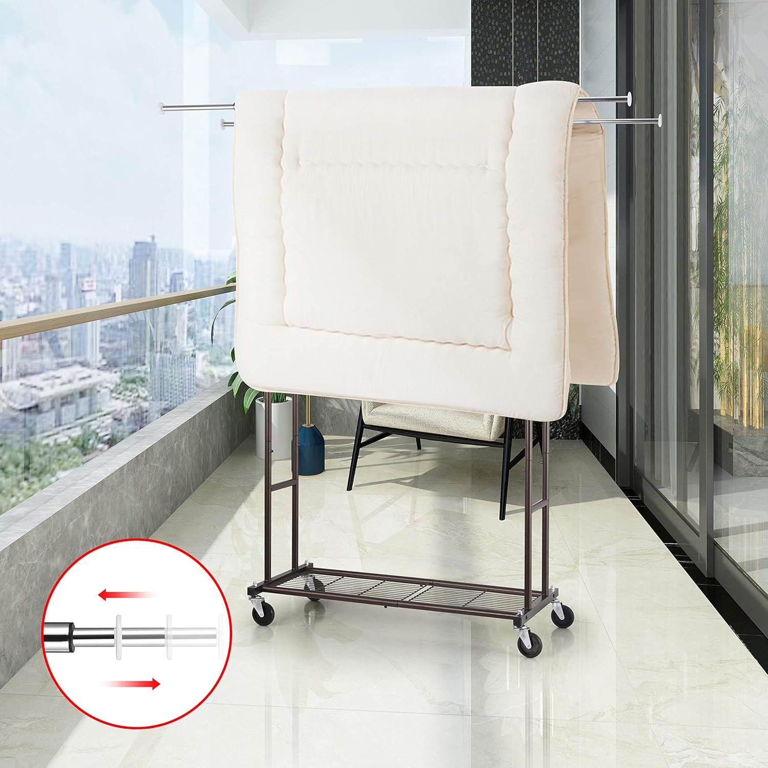 Simple Trending Double Rail Clothing Garment Rack, Heavy Duty Commercial Grade Rolling Clothes Organizer with Wheels and Bottom Shelves, Holds up to 250 lbs, Bronze and Chrome: Home Improvement
