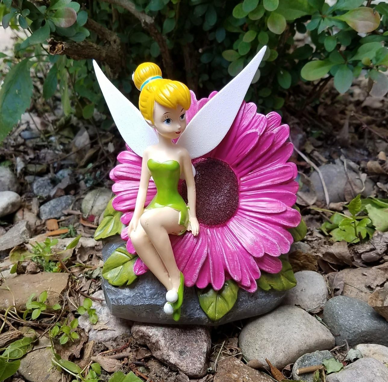7 Inch Disney Tinkerbell Sitting on Pink Daisy Solar Light Up Garden