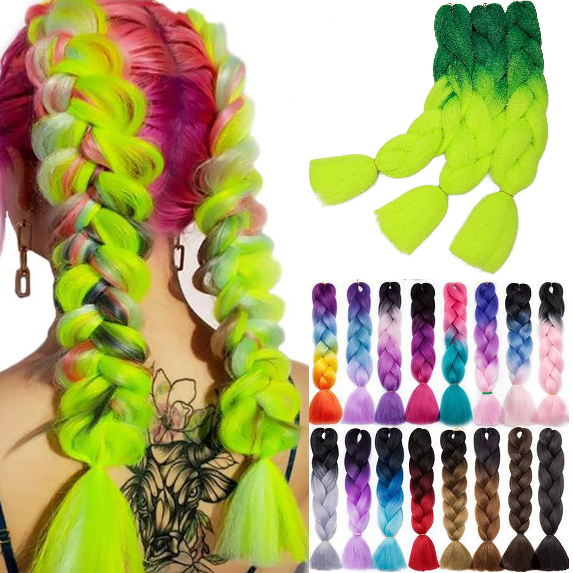 Jumbo Braiding Hair Extensions Colorful Synthetic Hair Two Tone for DIY Crochet Box Braids Ombre 1Pc 24inch Dark Green to Chartreuse