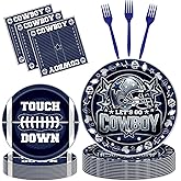 Hokinaa Cowboy Football Party Decorations - 96 Pcs Blue Cowboy American Rugby Tableware Set, Game Day Disposable Paper Plate Napkin Fork, Sports Birthday Party Supplies for Boys Men, Serves 24 Guests