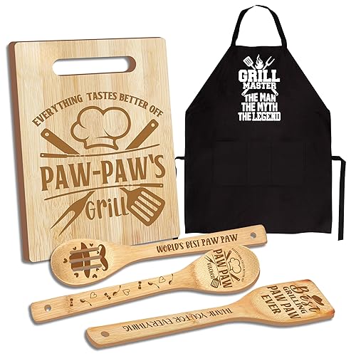 Pawpaw Gifts, Fathers Day Pawpaw Gifts for Men, Gift for Pawpaw Wooden Cutting Board Utensils with Apron, Great Pawpaw Grandprents Day Father's Day Birthday Kitchen Gift