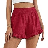 PRETTYGARDEN Shorts for Women Summer 2026 Beach Vacation Clothes Spring Elastic Waist Embroidered Ruffle Shorts with Pockets