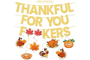 MIUCAT Pre-Strung Friendsgiving Banner, Gold Glitter Friendsgiving Party Decorations,Funny Thanksgiving Decorations with Hanging Swirls for Indoor Home Office