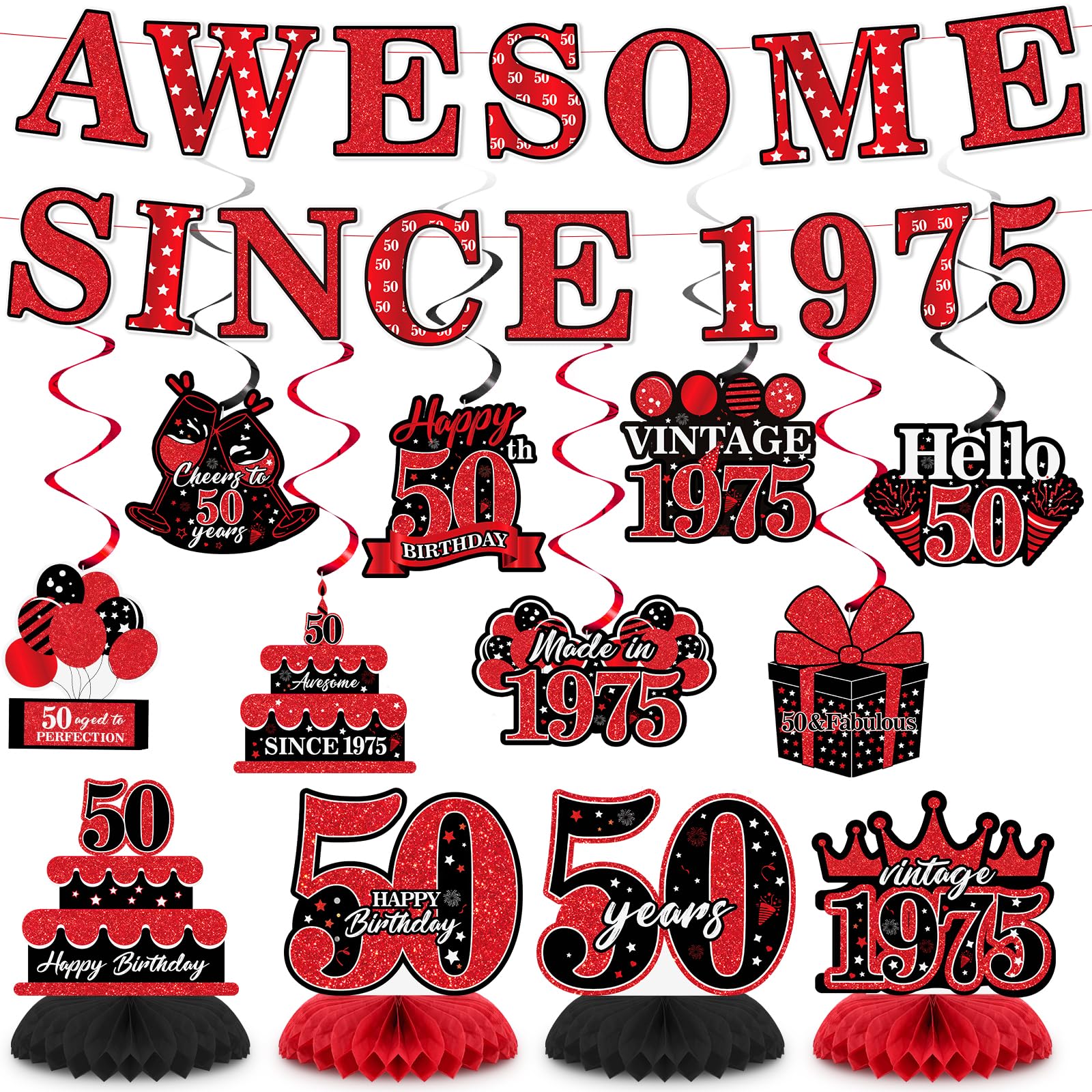 Photo 1 of 28 Pcs Vintage 50th Birthday Banner Decorations for Men Women Red Black Glitter Awesome Since 1975 Happy 50th Birthday Banner Hanging Swirls Honeycomb Centerpieces for 50th Decor Party Supplies