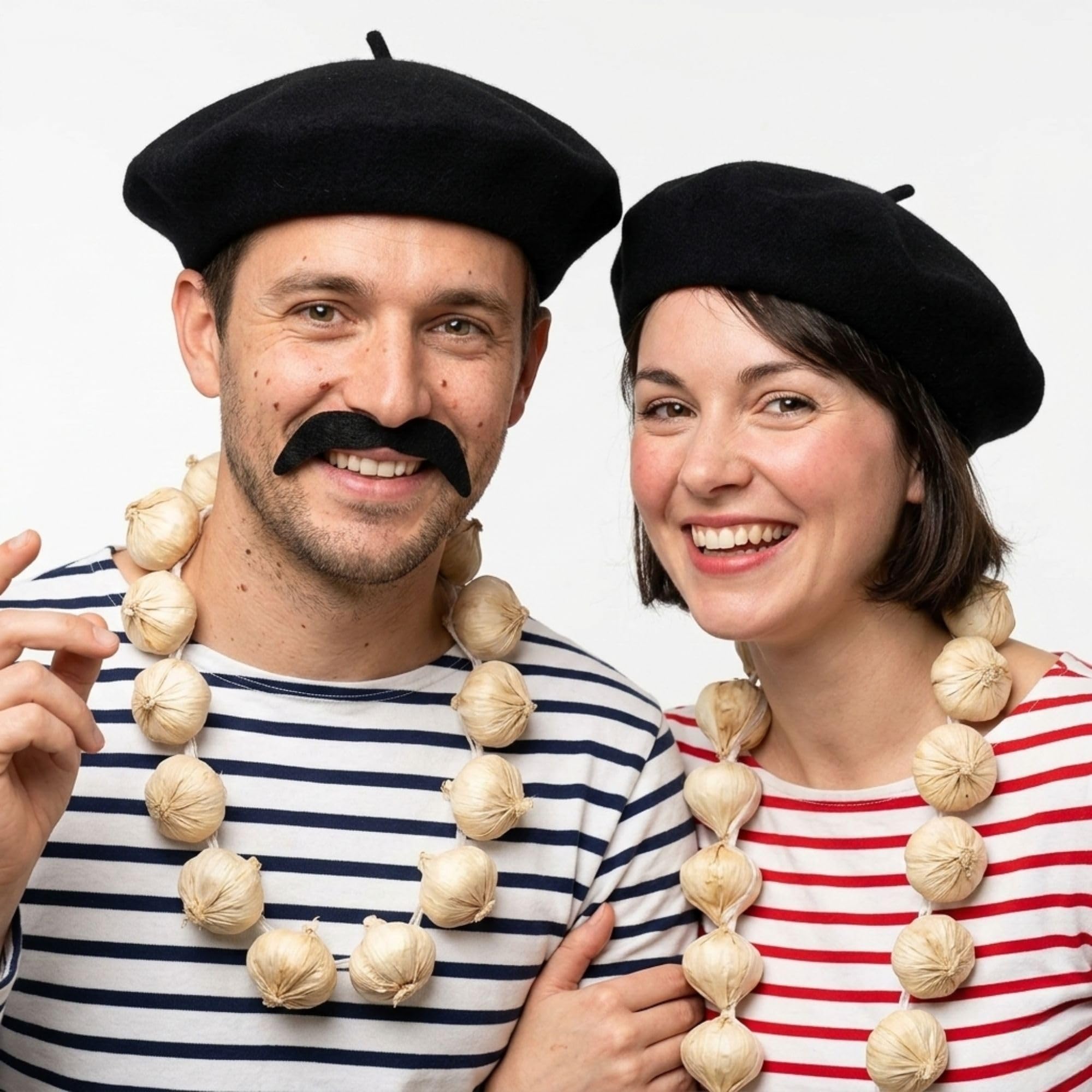FNA FASHIONS Unisex French Day 3 Pieces Beret Moustache & Garlic Garland Fancy Dress Set Costume- Black