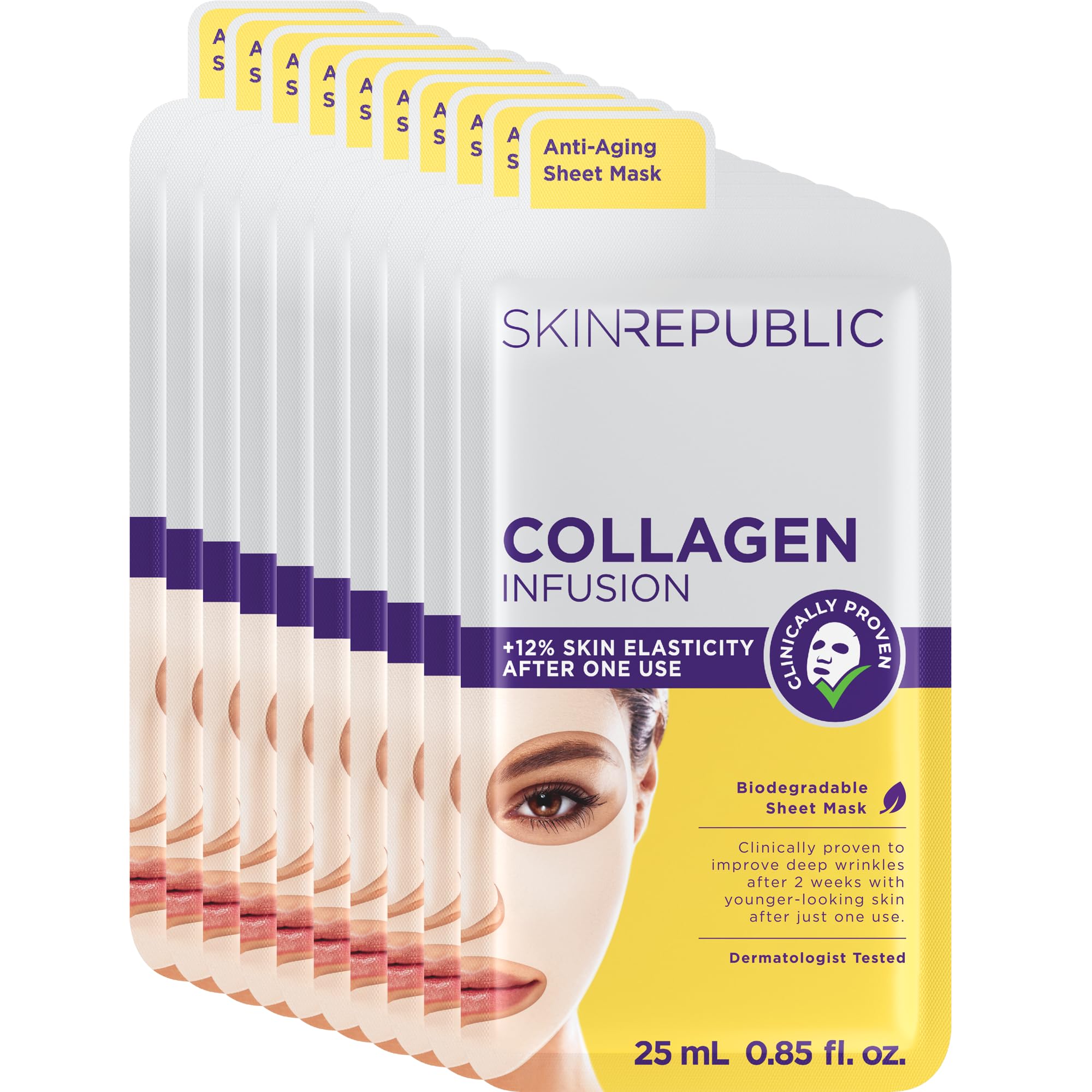 Skin Republic Collagen & Vitamin E Infusion Sheet Mask | Pack of 10 | Helps with Fine Lines & Wrinkles | For Younger-Looking Skin