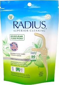 Radius Peppermint EcoClean Compostable Floss Picks Adult for Oral Care Boost Non Toxic Tooth & Gum Protection (50 Single Use 