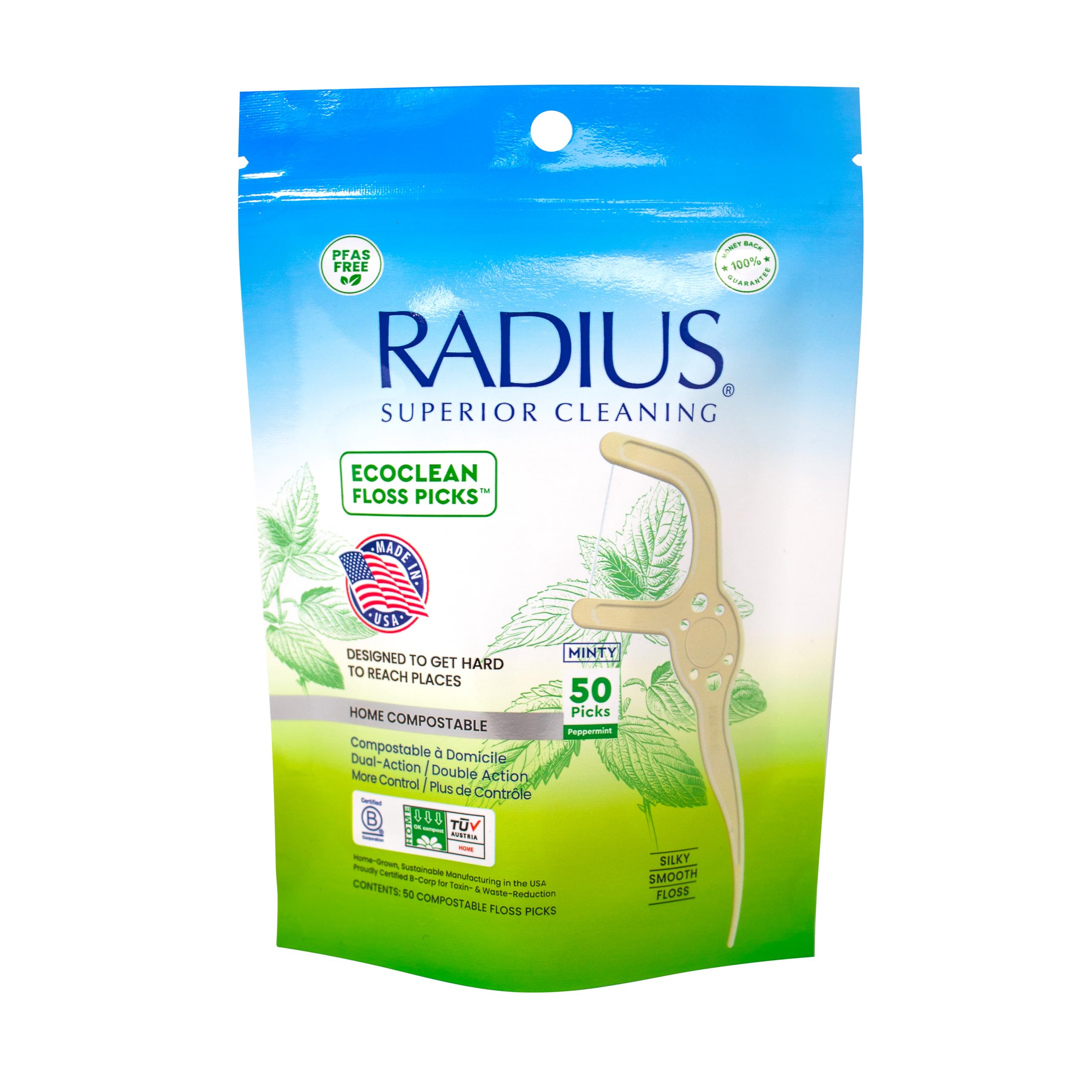 Photo 1 of Radius Peppermint EcoClean Compostable Floss Picks Adult for Oral Care Boost Non Toxic Tooth & Gum Protection (50 Single Use Flossers per Pack)