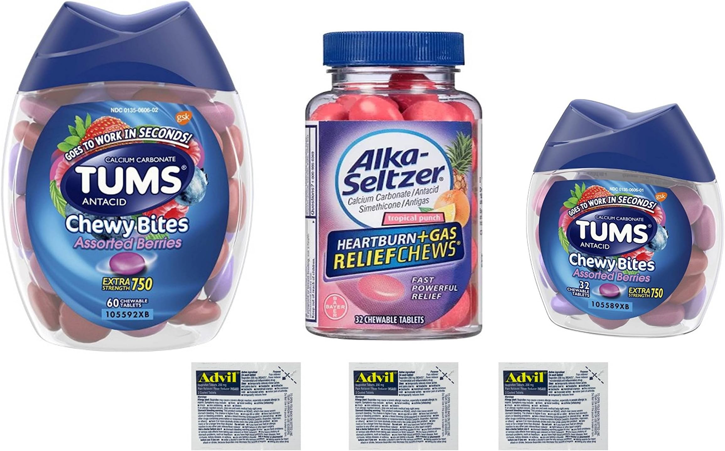 Antacid Chewy Bites Assorted Berries | Tums Extra Strength Bundle with Alka-Seltzer Hearburn and Gas Relief Chews