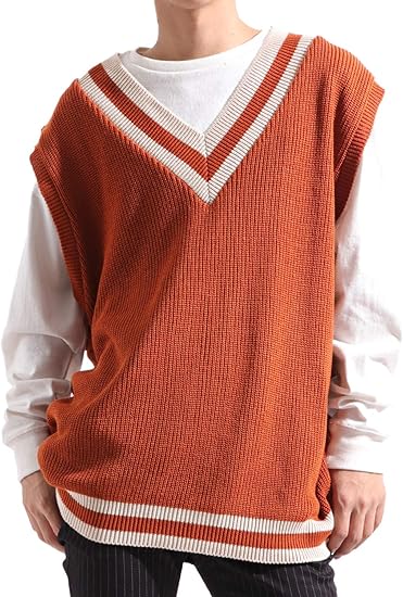 Amazon バレッタ Valletta ビッグシルエット チルデン Vネック ニット ベスト サマーニット ストレッチ ワイド メンズ オレンジ Freeサイズ ベスト 通販