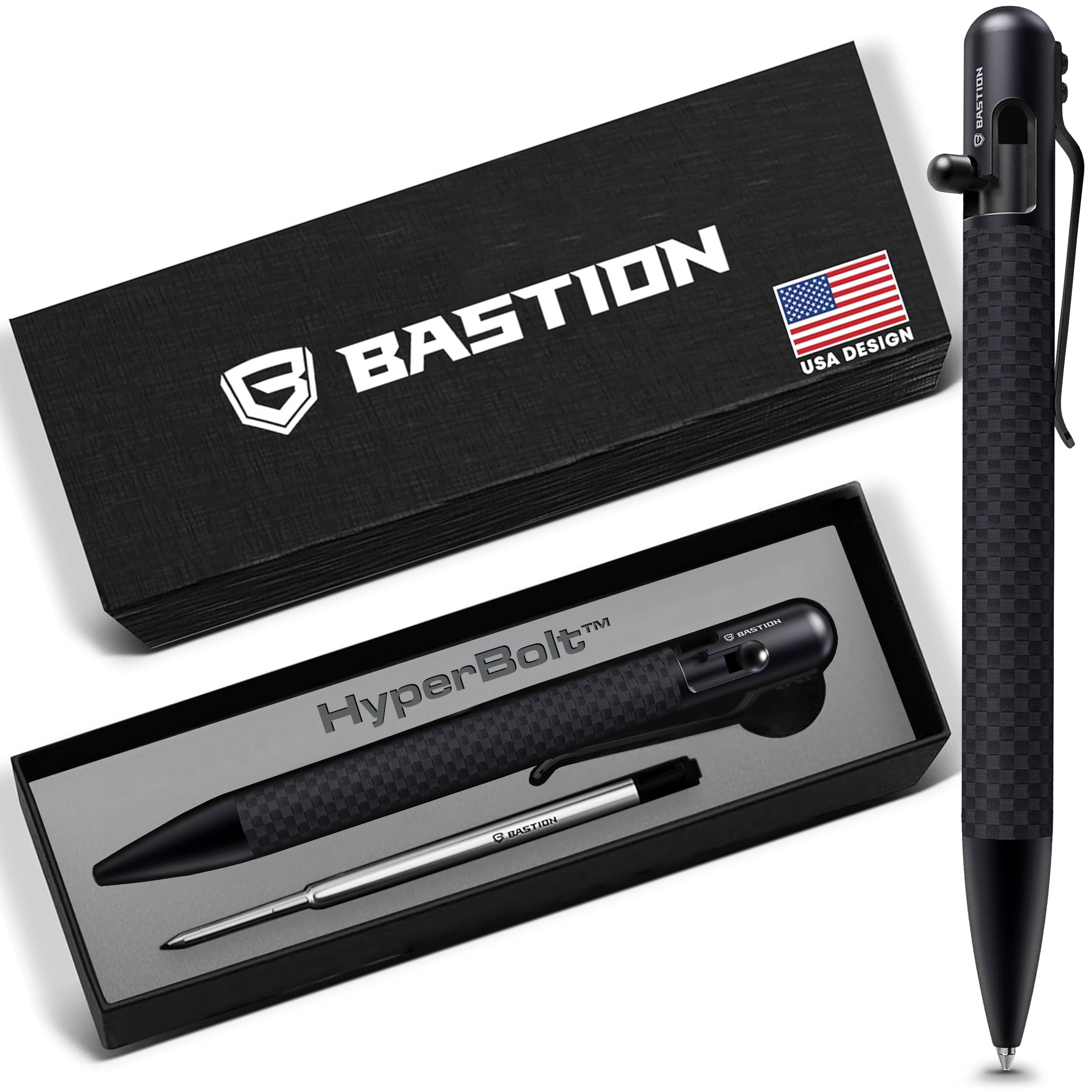 BASTION Carbon Fiber Bolt Action Pen with Gift Case - Black Stainless Steel Core Executive Luxury Retractable Metal Ink EDC Office Business Pocket Ballpoint for Men & Women — image 1