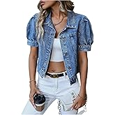 WDIRARA Women's Button Down Puff Short Sleeve Denim Jacket Cropped Jean Jackets